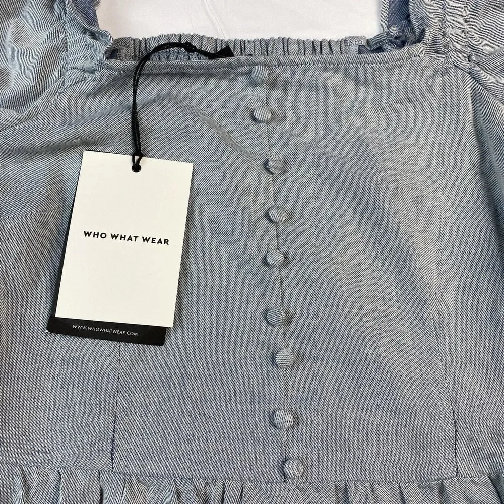 Who What Wear Women's Dress Small Chambray Twill Puff Sleeve Mini Ruffle Hem NWT